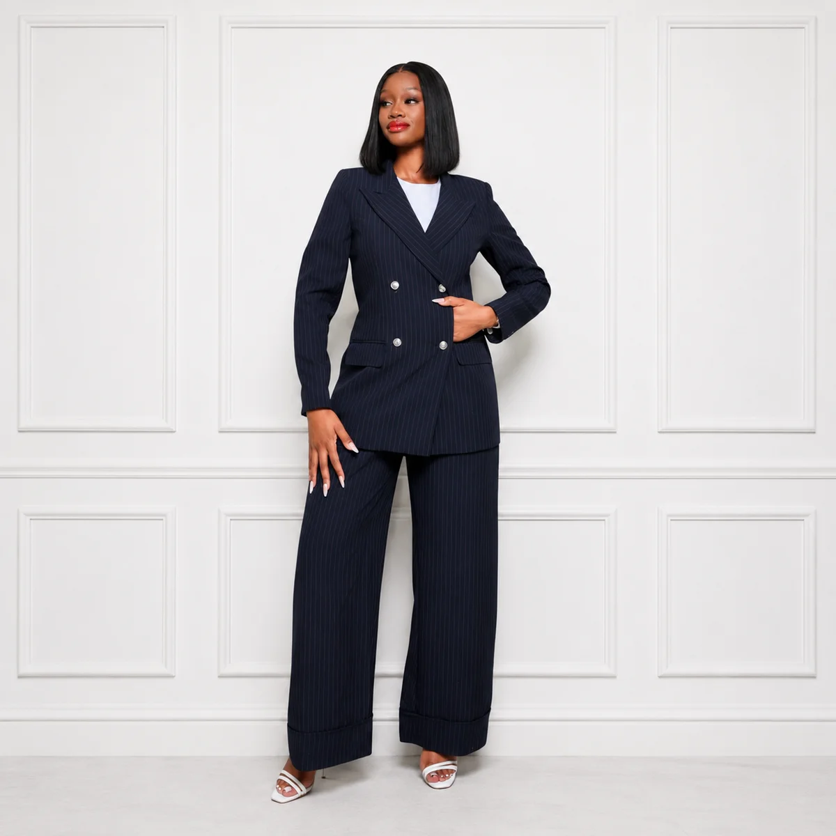 Navy Wide-Leg Pinstripe Suit, Tailoring